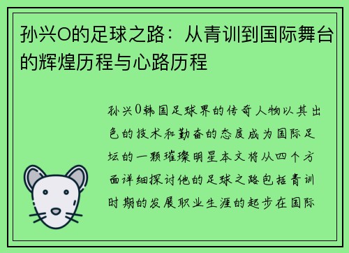 孙兴O的足球之路：从青训到国际舞台的辉煌历程与心路历程