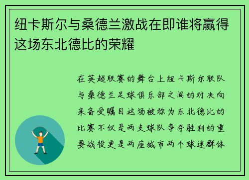 纽卡斯尔与桑德兰激战在即谁将赢得这场东北德比的荣耀