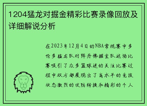 1204猛龙对掘金精彩比赛录像回放及详细解说分析