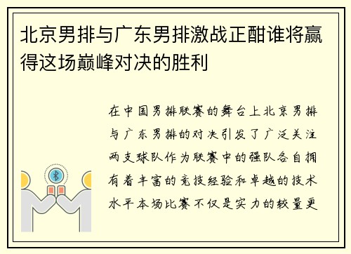 北京男排与广东男排激战正酣谁将赢得这场巅峰对决的胜利