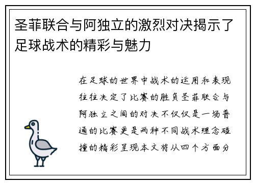 圣菲联合与阿独立的激烈对决揭示了足球战术的精彩与魅力