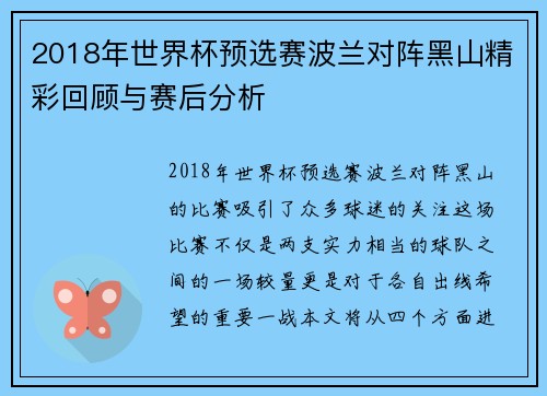 2018年世界杯预选赛波兰对阵黑山精彩回顾与赛后分析