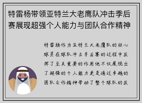 特雷杨带领亚特兰大老鹰队冲击季后赛展现超强个人能力与团队合作精神