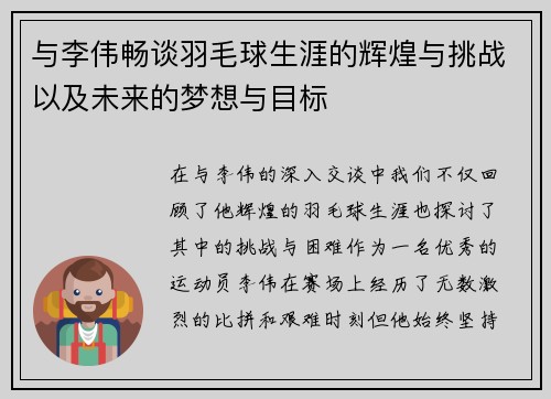 与李伟畅谈羽毛球生涯的辉煌与挑战以及未来的梦想与目标