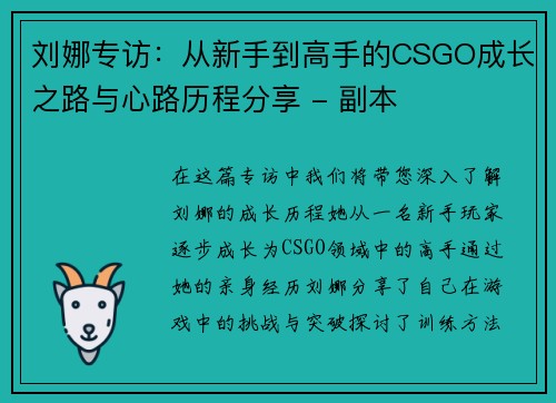 刘娜专访：从新手到高手的CSGO成长之路与心路历程分享 - 副本