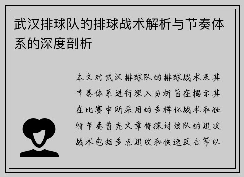武汉排球队的排球战术解析与节奏体系的深度剖析